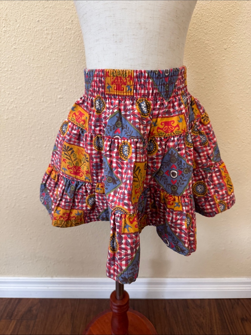 Jean Bourget Girls Cotton Red, Blue & Yellow Pattern Gingham Tiered Skirt Size 4